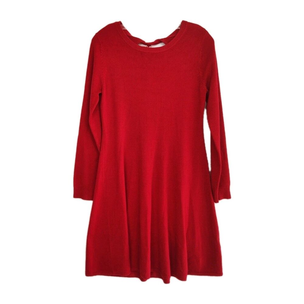 Vince Camuto Knit Dress Women's M Red Knee Length Back Bow Detail Long Sleeves‎